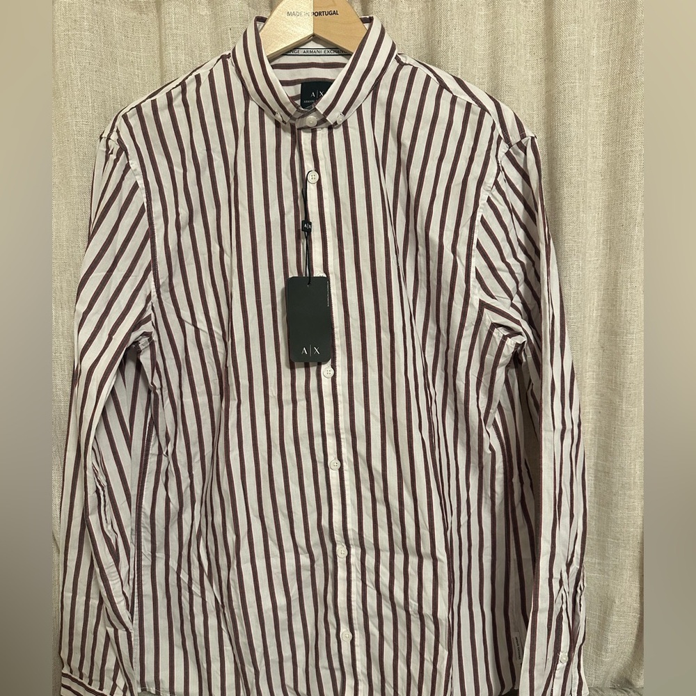 Armani Exchange White and Brown Striped Shirt